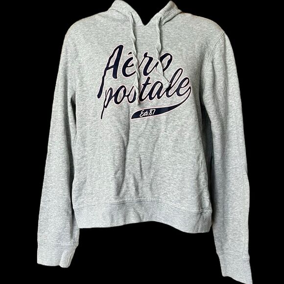 Aeropostale Blue/Pink Logo Graphic Cropped Grey Hoodie Pullover Sz M Y2K - Picture 5 of 10